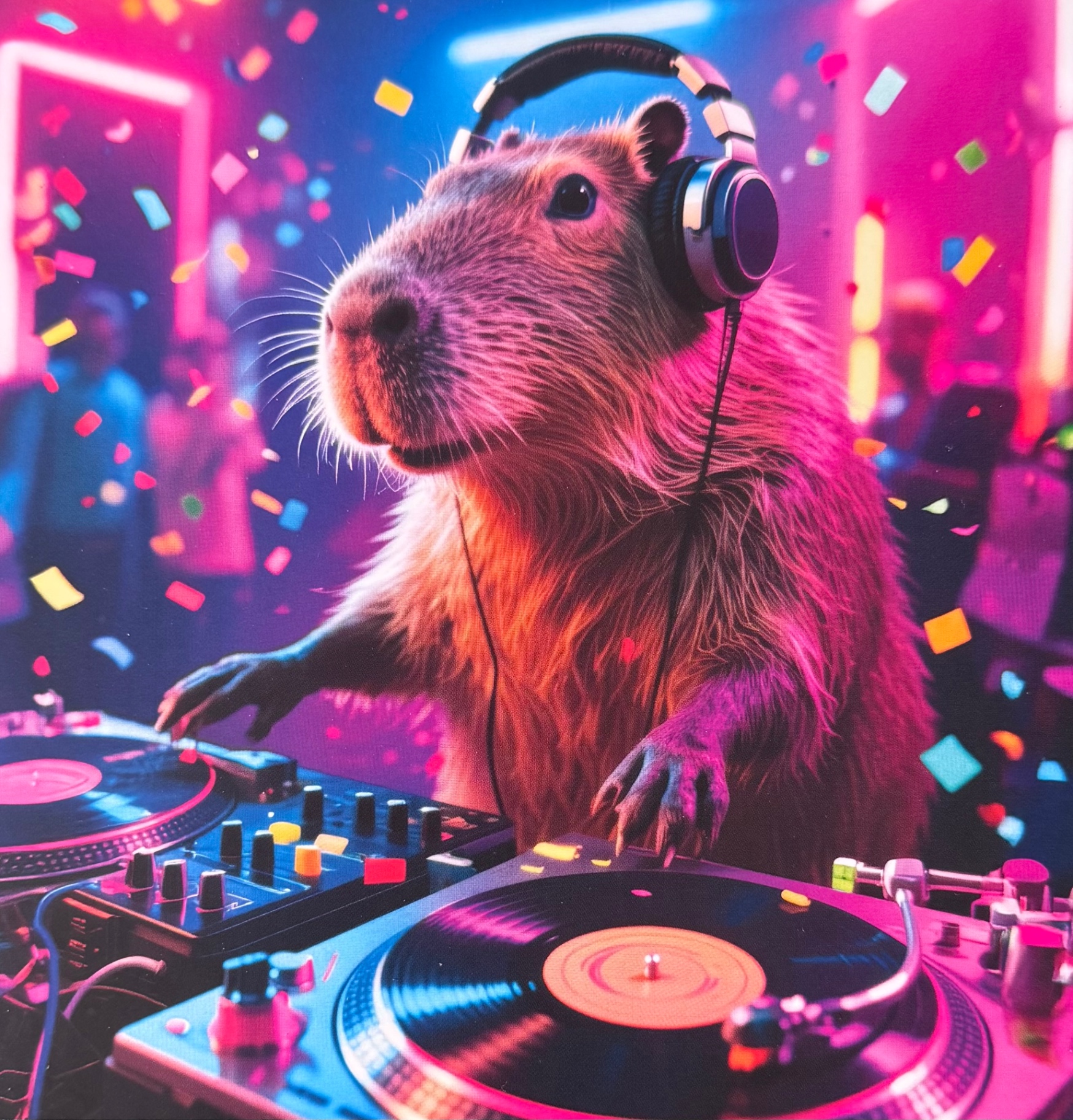 A capybara DJ wearing headphones at a neon silent disco party