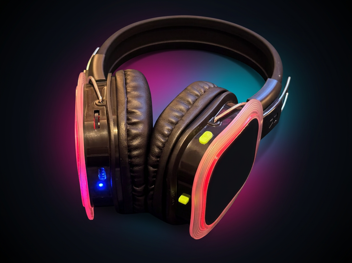 Thornbury Silent Disco wireless headset with glowing channel ring